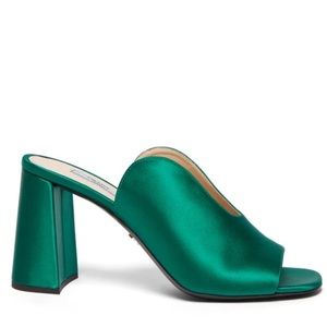 PRADA Green Vamp Block Heel Satin Mules